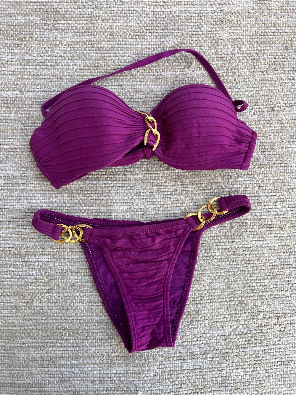 Lua Morena Purple Ribbed Bandeau Bikini Set with Gold Brass Ring Accents -Small